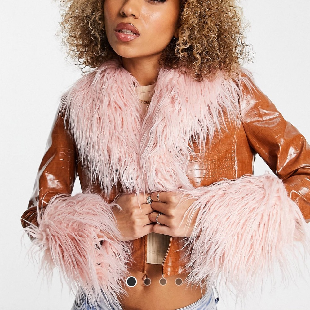 Jayley short vinyl look faux fur trim jacket